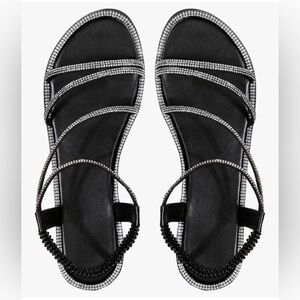 Womens Rhinestone Flat Sandals Black Strappy Dressy Open Toe Summer Beach Slides